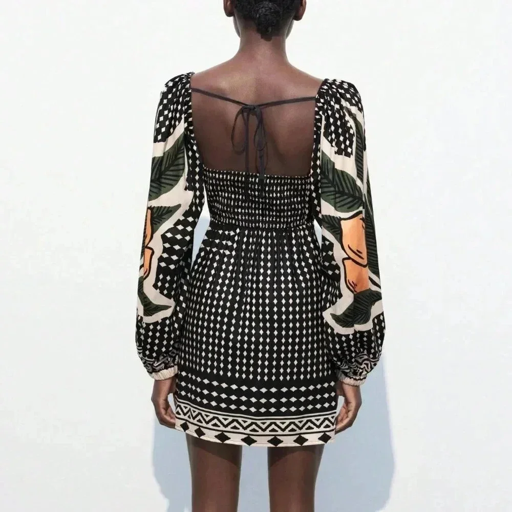 Black And White Boho Women's Floral Print Twist Hollow Out Casual Short Dress